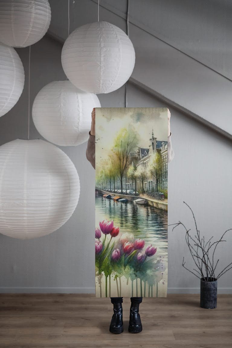 Watercolor Canal Scene Dutch Houses papiers peint roll