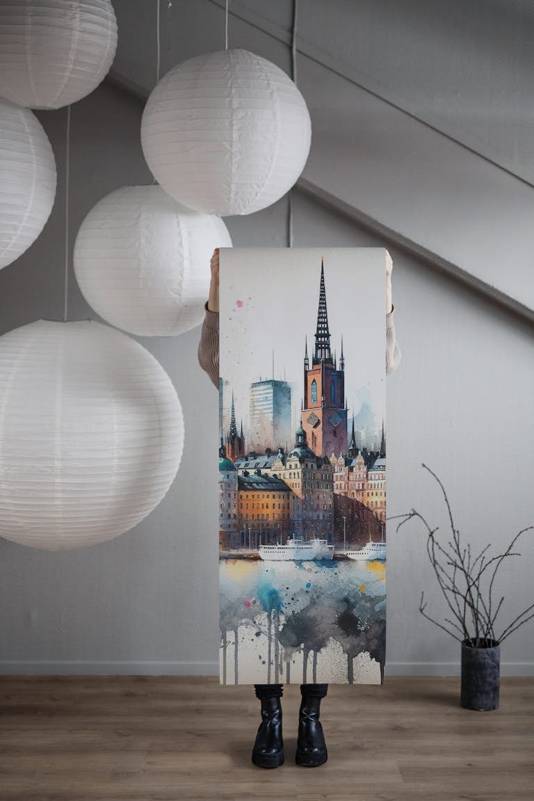 Watercolor Stockholm Skyline tapete roll