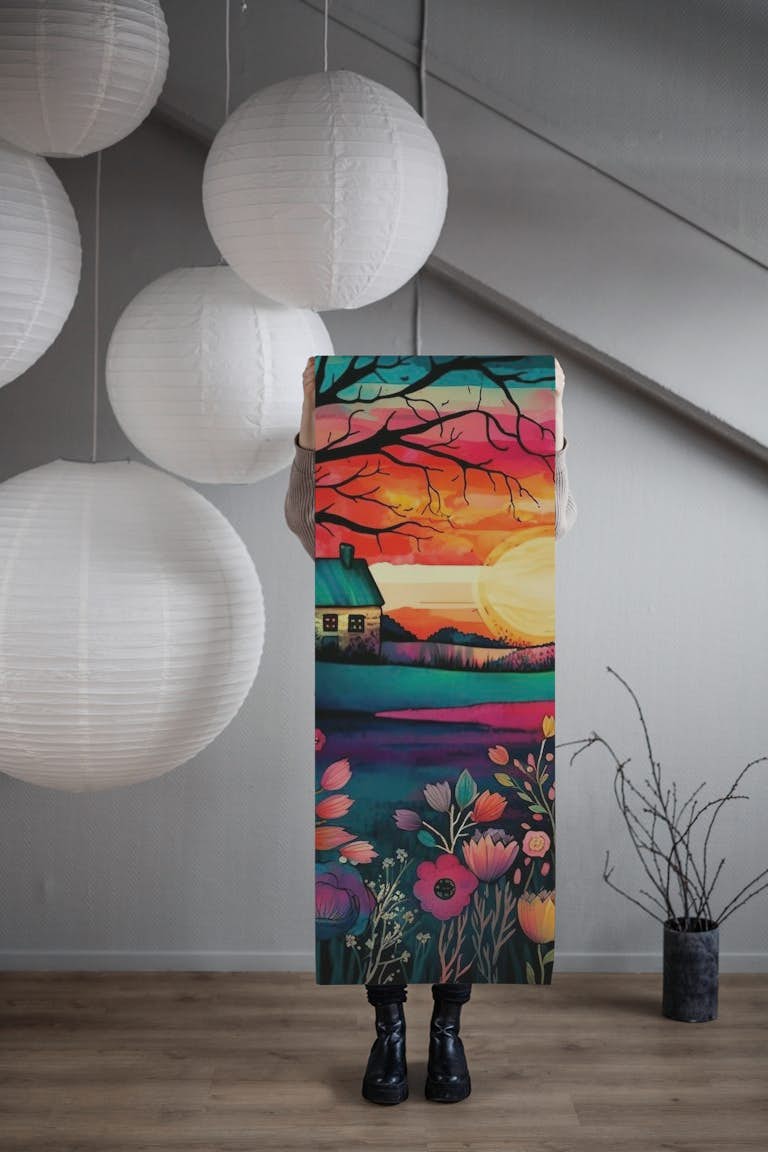 Watercolor Folk Art Sunset #2 wallpaper roll