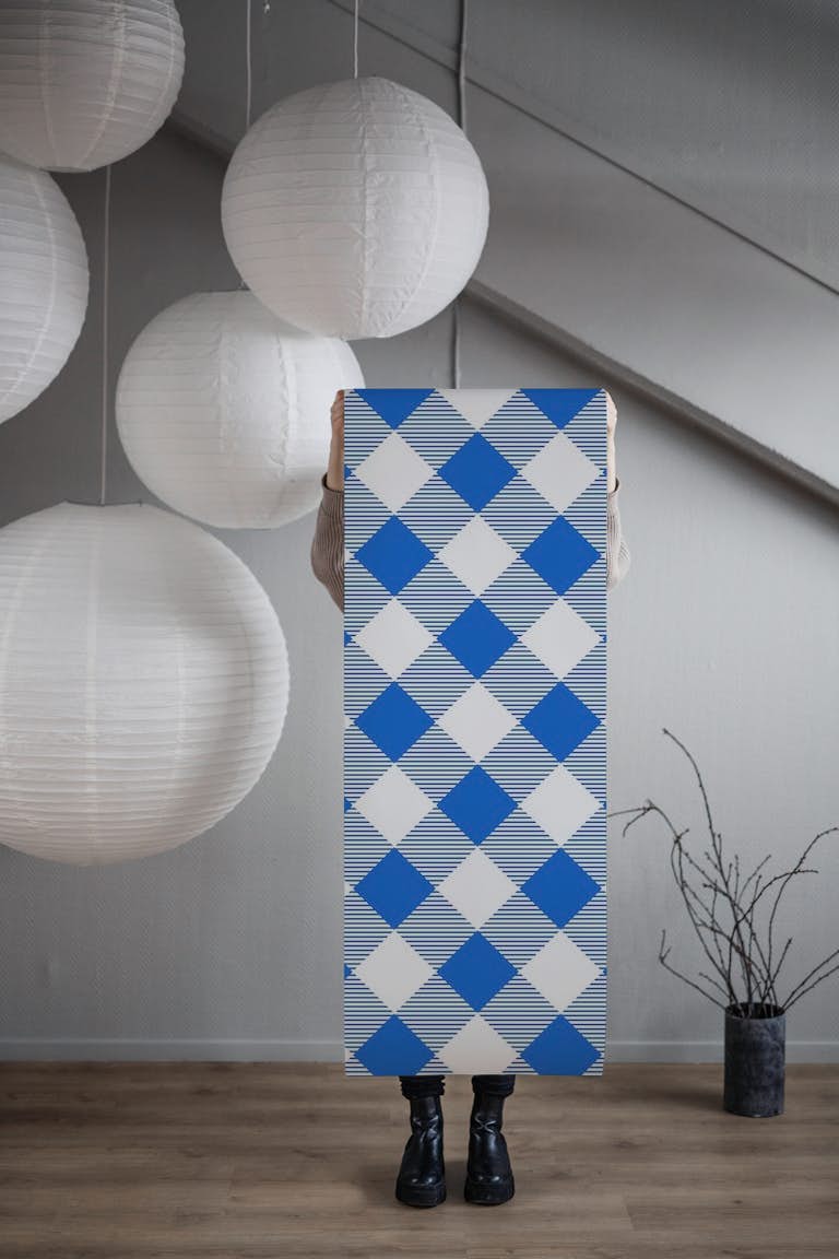 White azure blue gingham wallpaper roll