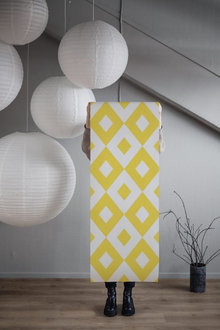 Yellow white rhombus pattern tapety roll