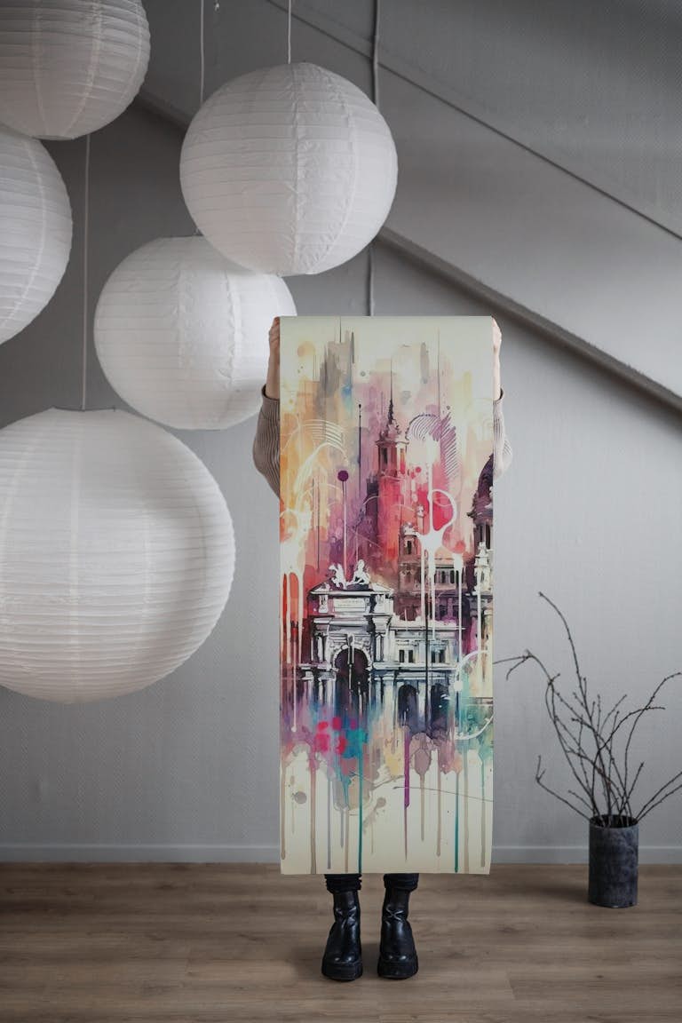Watercolor Skyline Madrid wallpaper roll