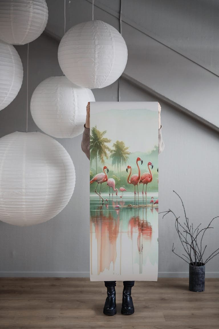 Morning Reflections of Flamingos wallpaper roll