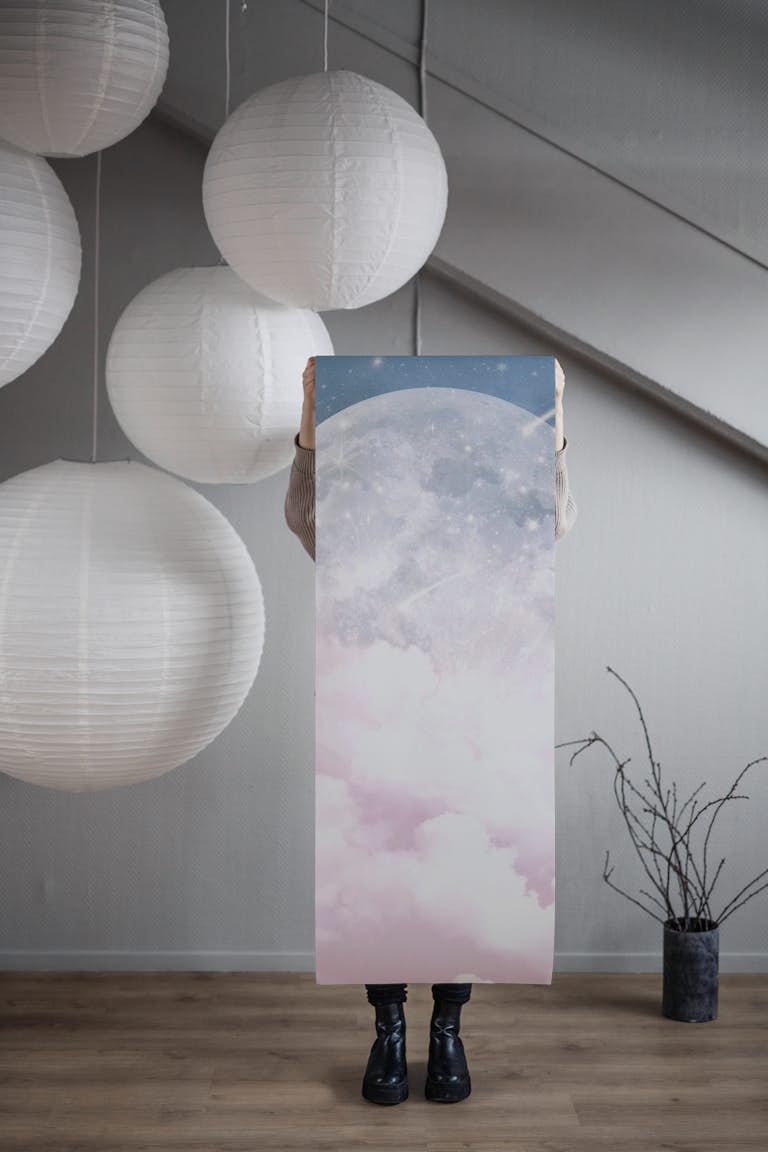 Celestial Full Moon - Blue and pink papel de parede roll