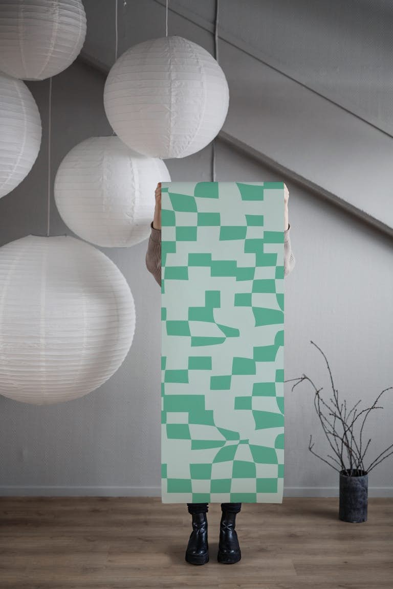 Abstract Checkerboard in Light Blue and Green tapet roll