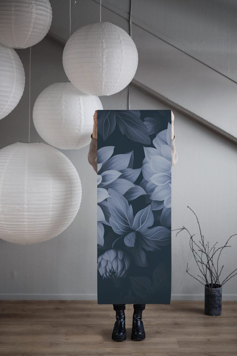 Opulent Moody Dahlia Flowers Matte Blue wallpaper roll