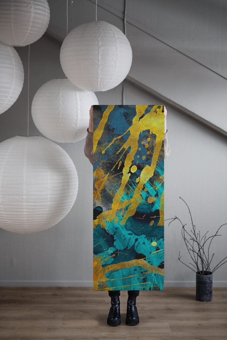 Blue Abstract Metallic Golden Shapes 3 wallpaper roll