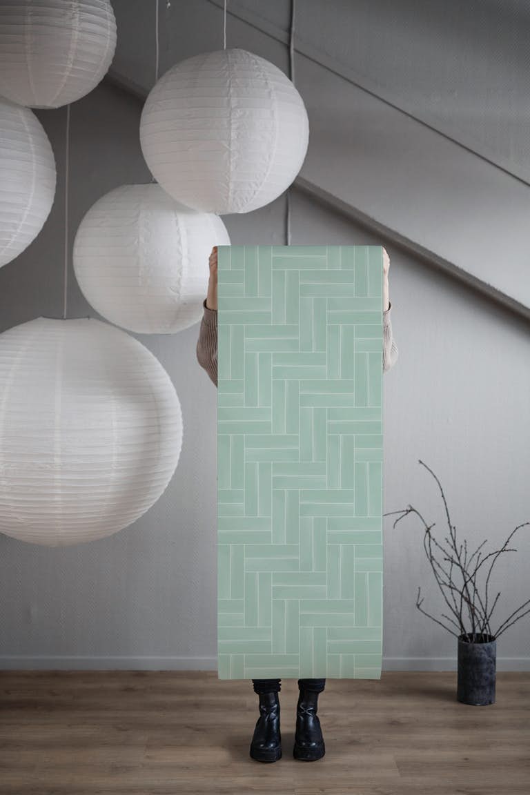 Double block herringbone tiles mint wallpaper roll