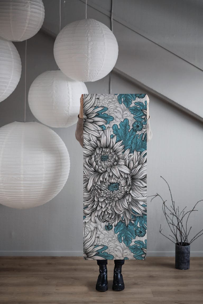 White chrysanthemum flowers wallpaper roll
