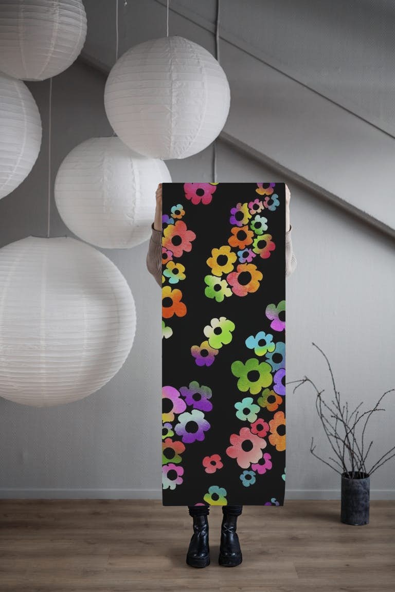 Maximalism Rainbow Floral Black tapety roll
