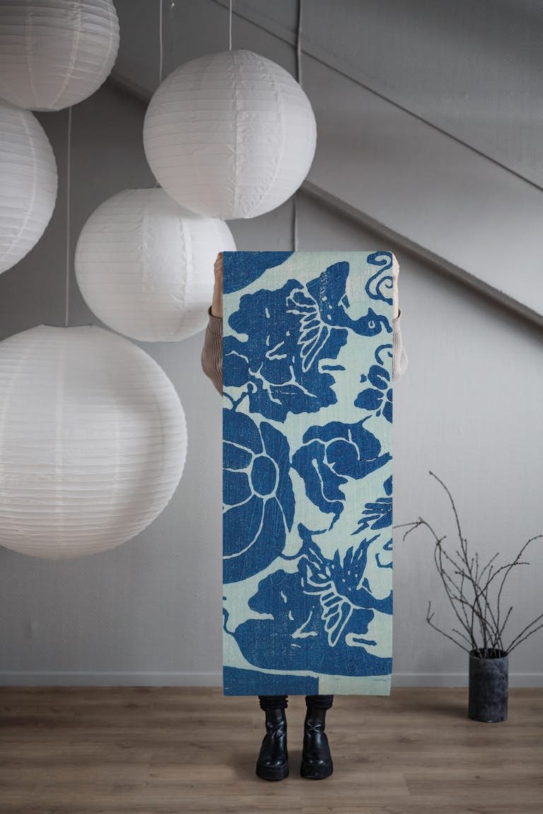 Vintage blue Japanese behang roll