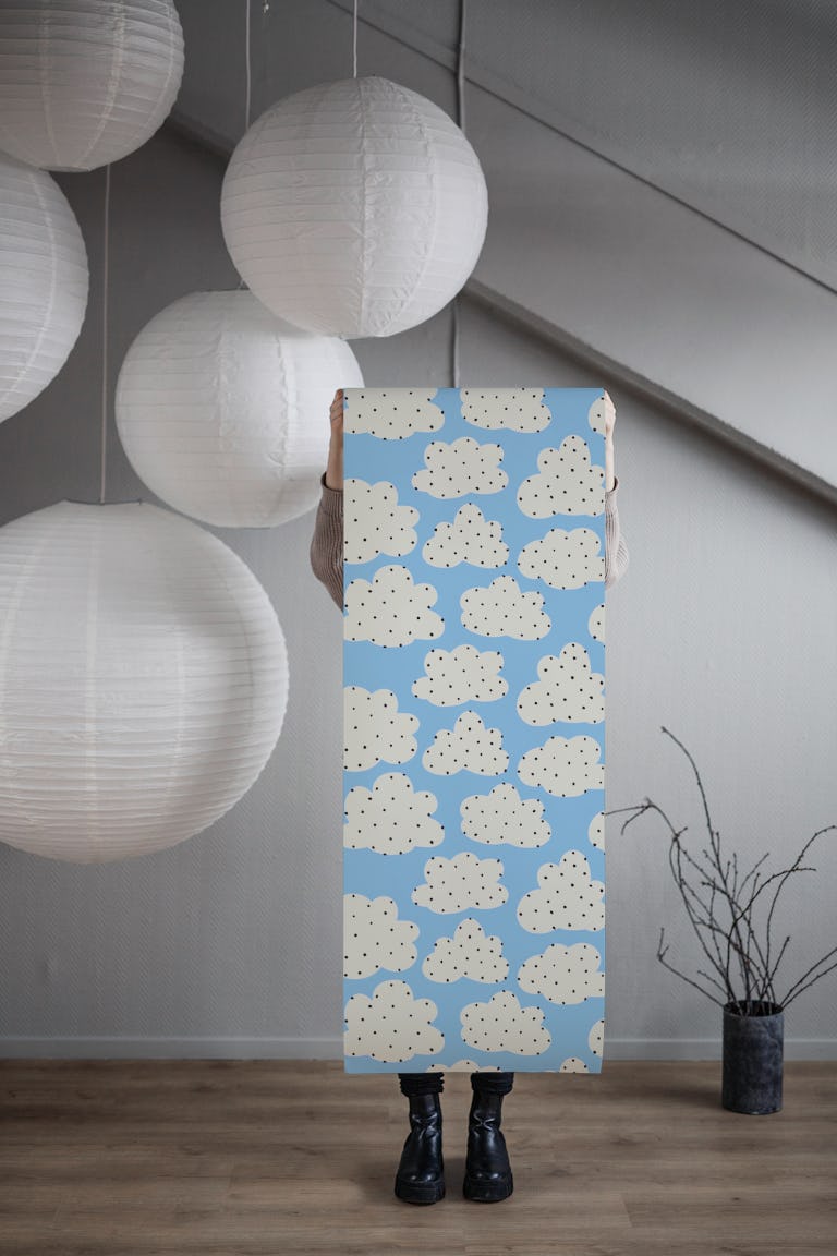 Fluffy White Clouds and Black Dots on Blue wallpaper roll