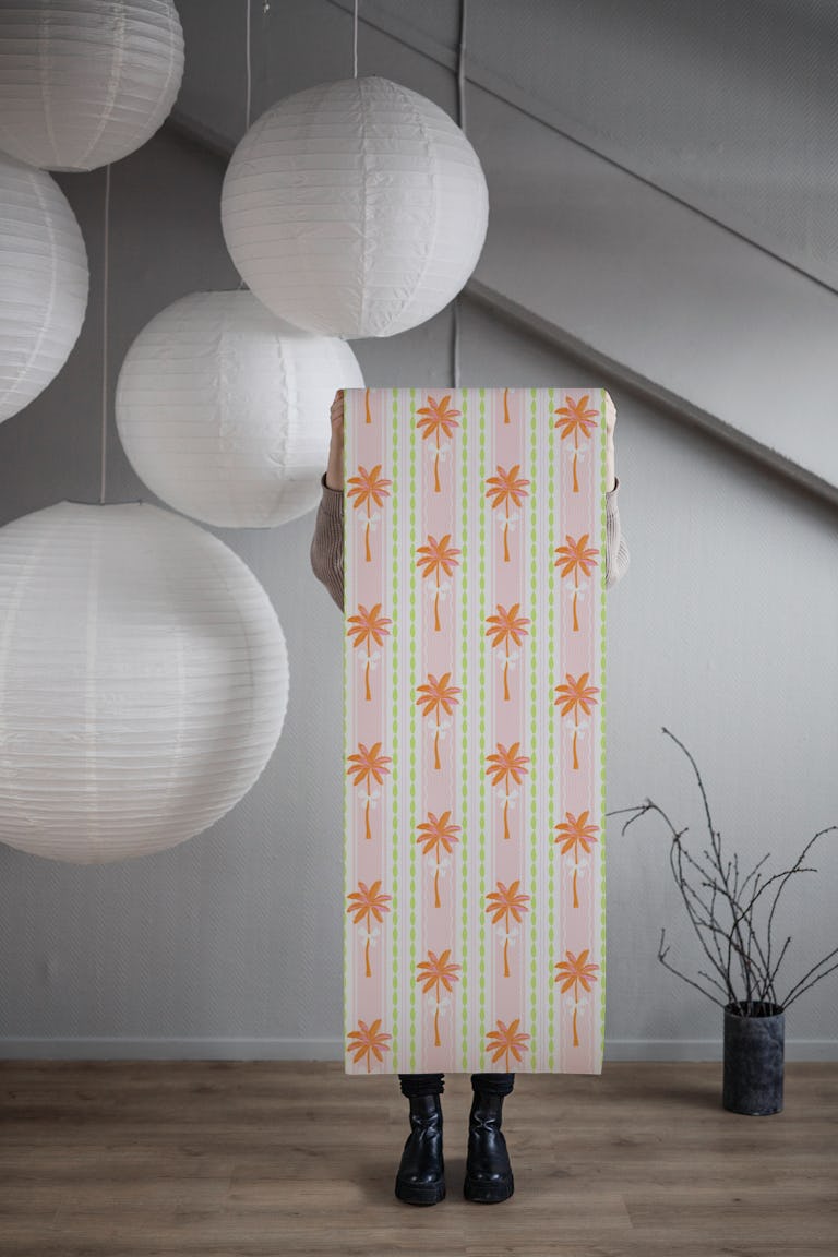 Coquette Stripe Palms & bows Pink & Green wallpaper roll