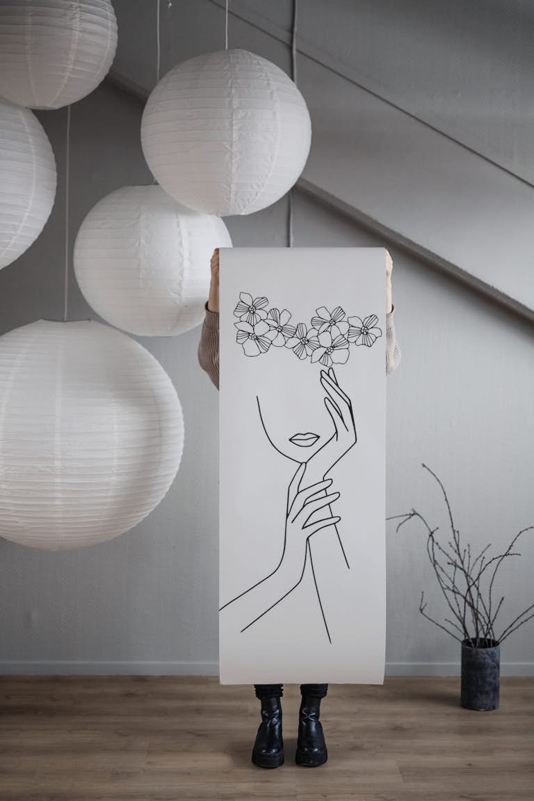 Line Art Woman Flower Wreath papel de parede roll