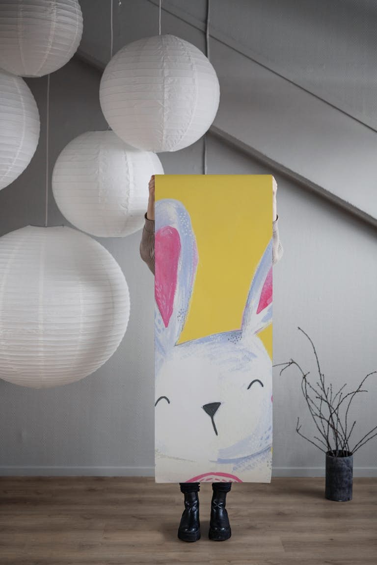 Painted bunny on yellow wallpaper roll