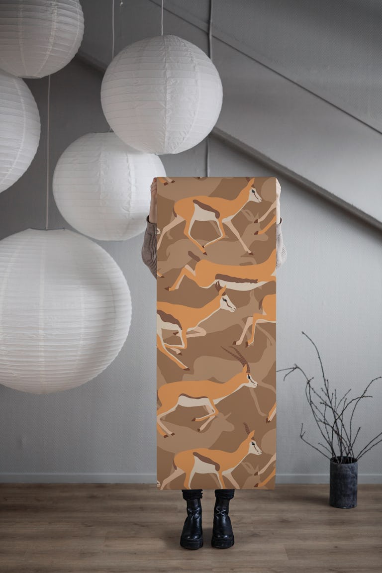 Running Gazelles on Misty Brown wallpaper roll