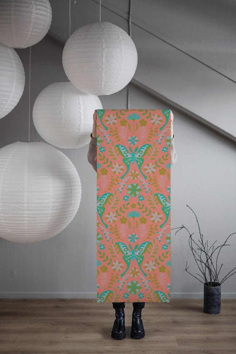 LUNA Moth Butterfly Floral Art Nouveau Blush wallpaper roll