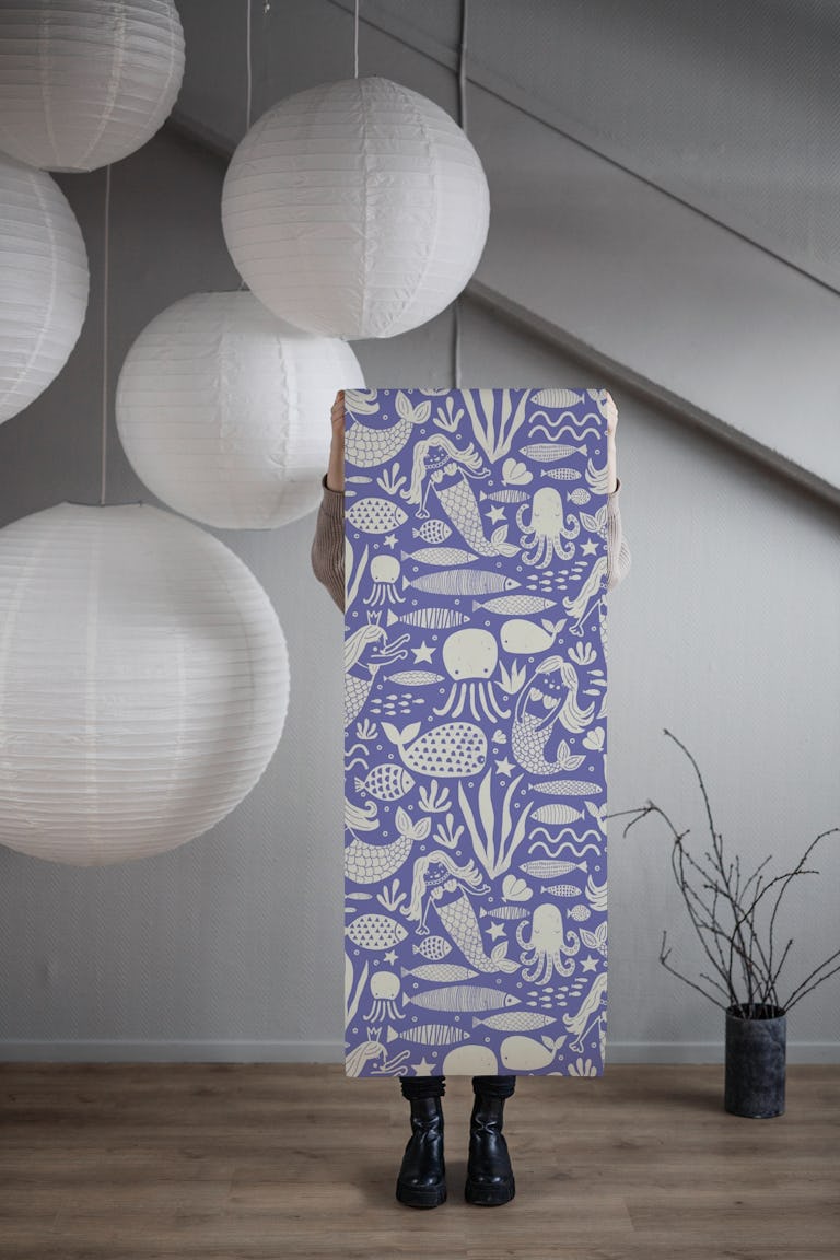 Underwater Mermaids and Sea Life Periwinkle wallpaper roll
