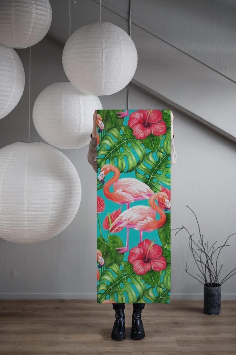 Flamingo and tropical garden tapete roll