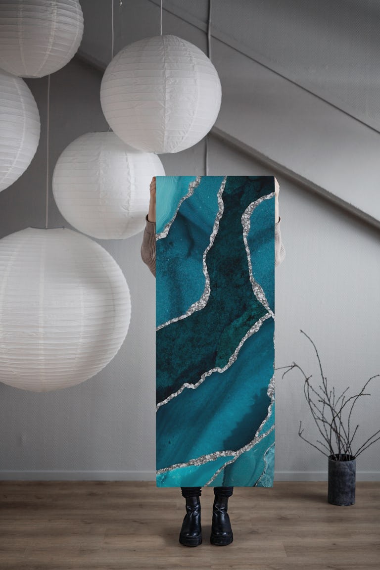 Turquoise And Silver Marble wallpaper roll
