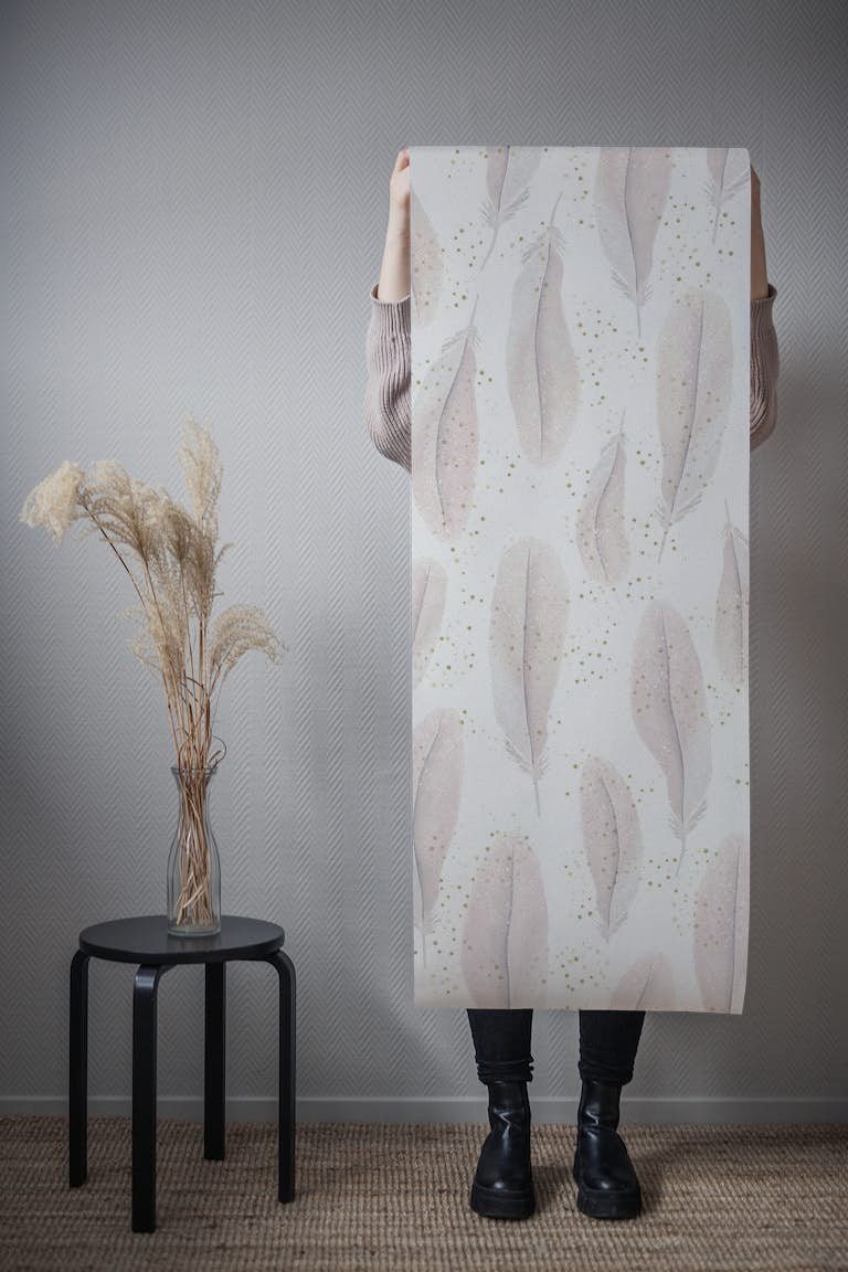 White feathers and dots tapeta roll