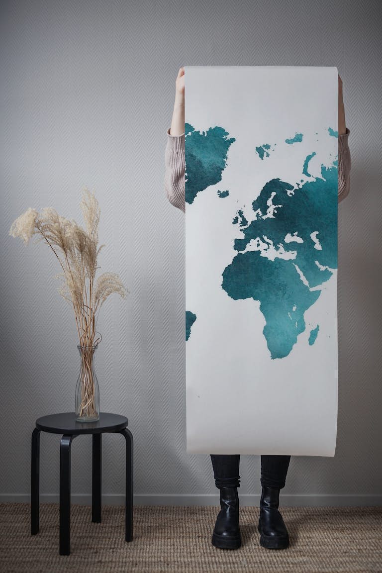 World Map Teal Turquoise papel pintado roll