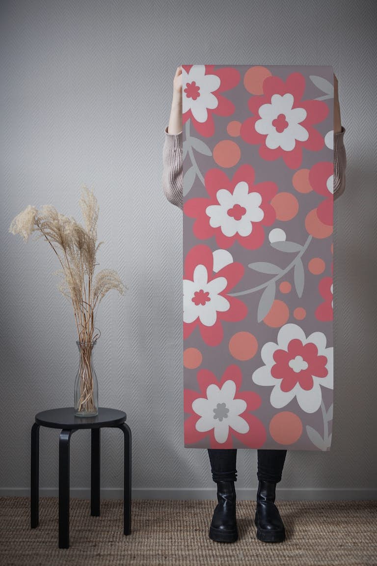 Floral Ruby Red Taupe Grey tapety roll