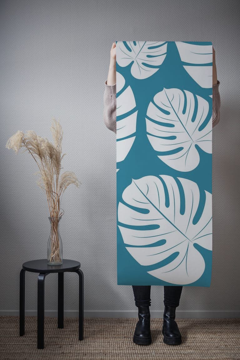 White Palm Leaves Teal Green tapete roll
