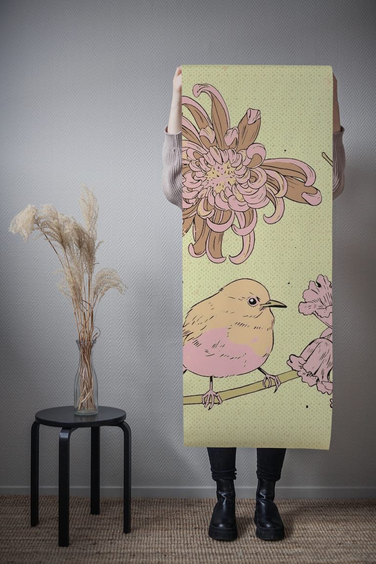 Pastel Asian Birds Floral tapety roll