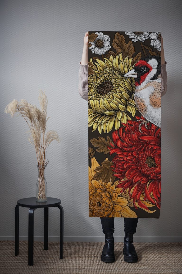 Goldfinch and chrysanthemums 3 papel de parede roll