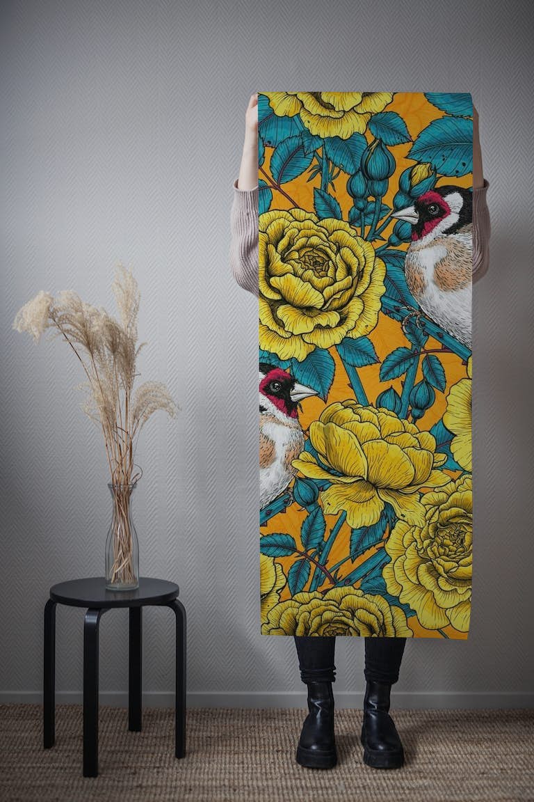 Yellow roses and birds tapeta roll