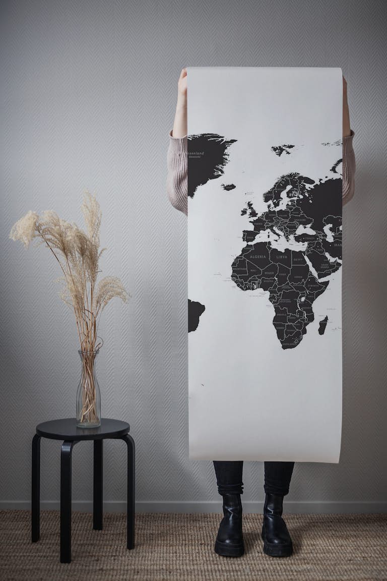 World Map Black White Grey papel de parede roll