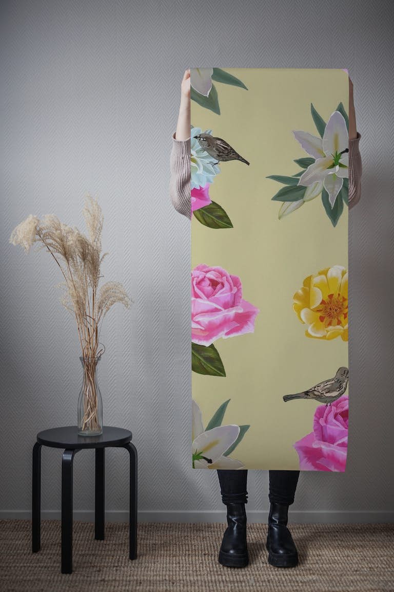Roses and birds yellow papel de parede roll