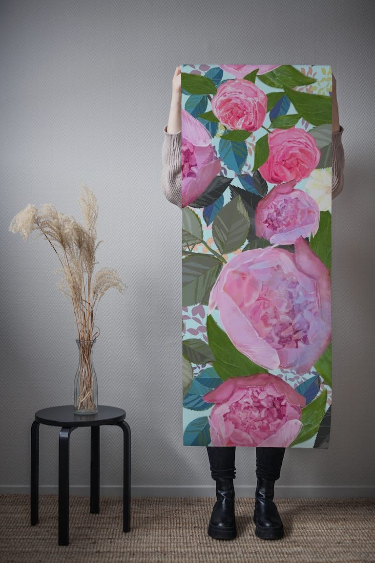Pink peony and white cosmos tapeta roll