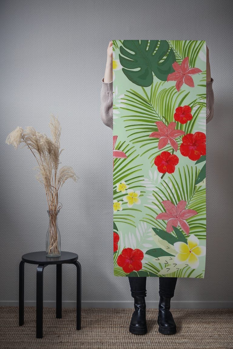 Palm leaves red hibiscus papiers peint roll