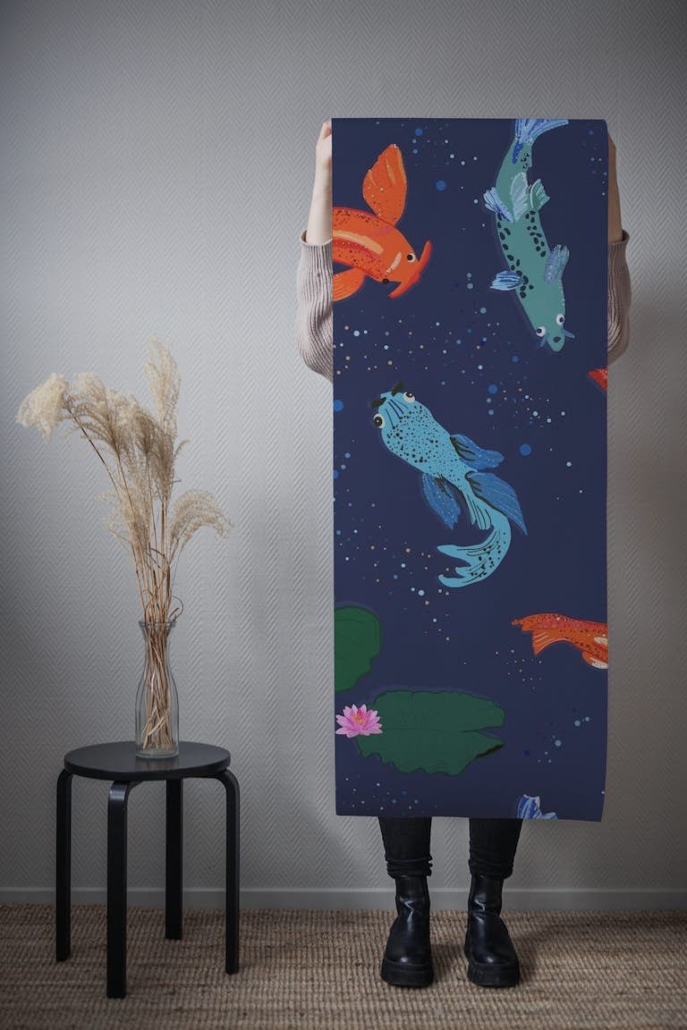 Koi fishes sea creatures navy tapete roll