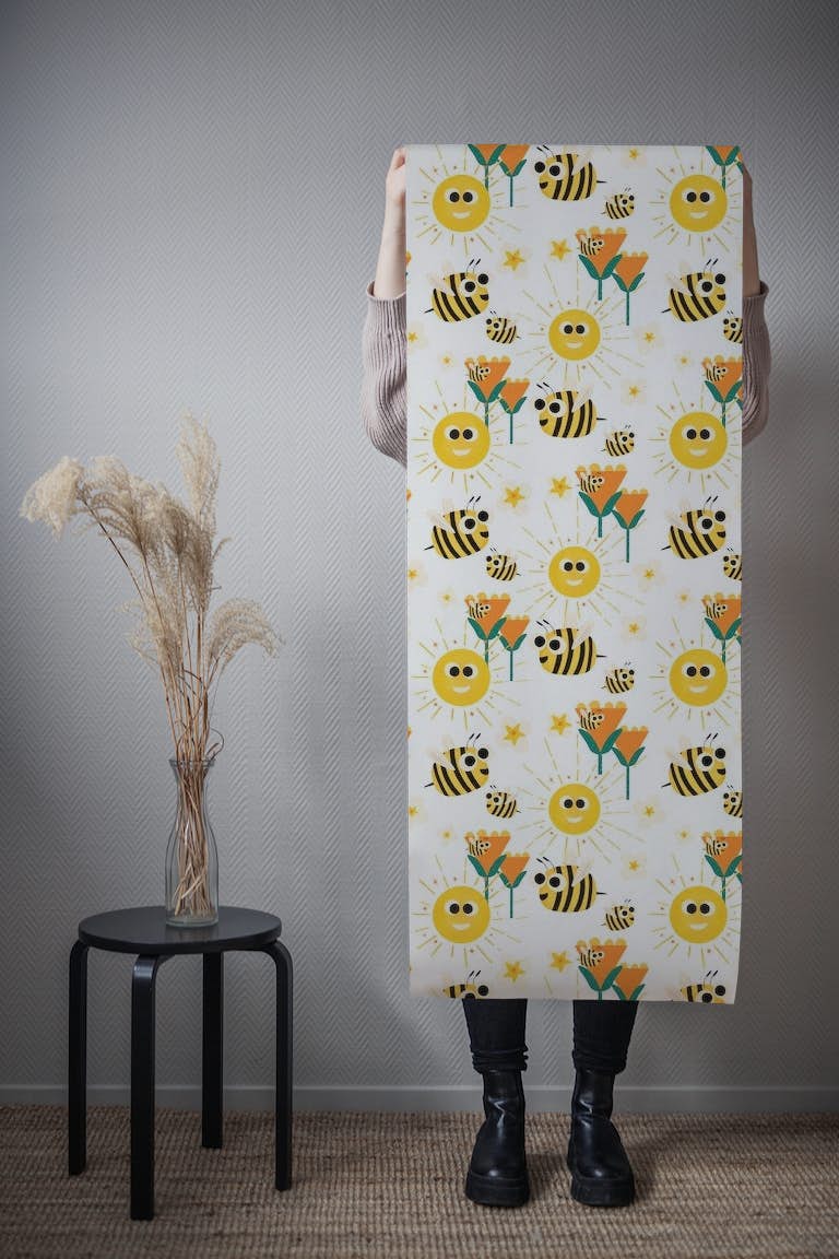 Happy bees and sunshine white tapeta roll