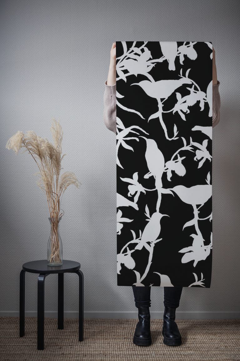 Hummingbird Chinoiserie Black and White papel de parede roll
