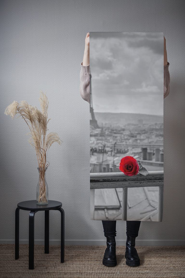 Rose and the Eiffel Tower on a Parisian Balcony tapeta roll