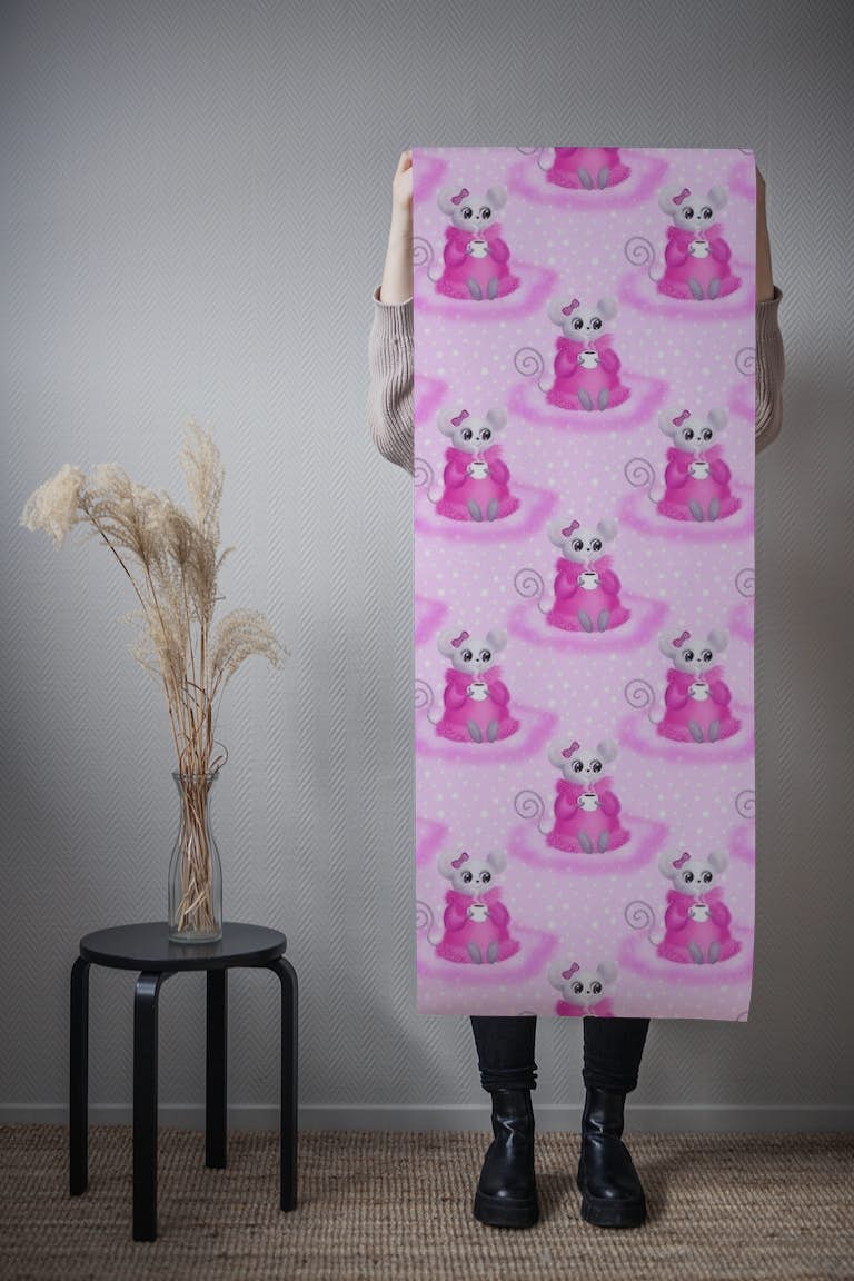 Cute Mouse in Pink at Tea papel pintado roll