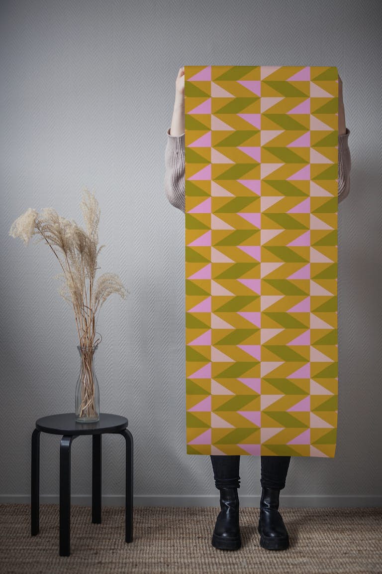 Geometric Shapes Pattern in Mustard and Pink tapeta roll