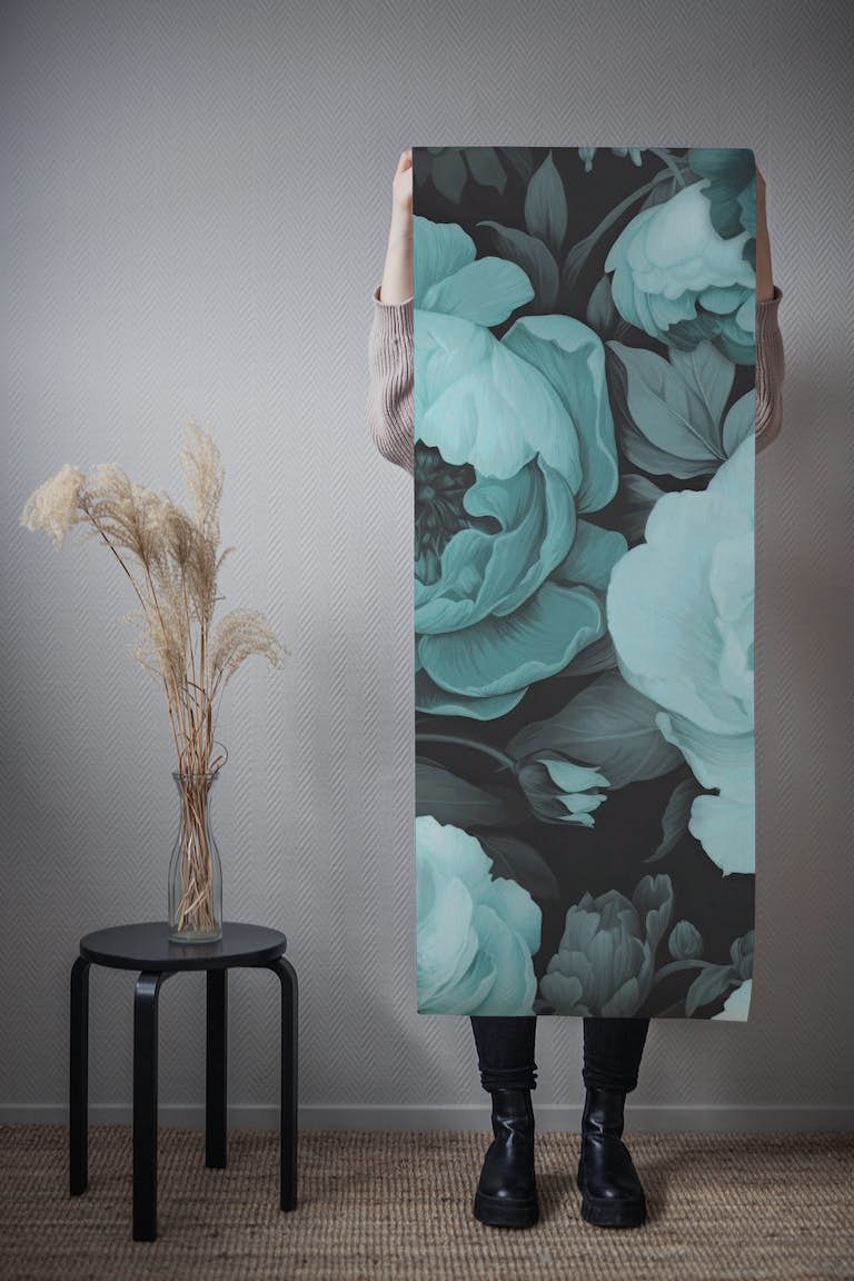 Opulent Baroque Flowers Moody Botanical Art Teal ταπετσαρία roll
