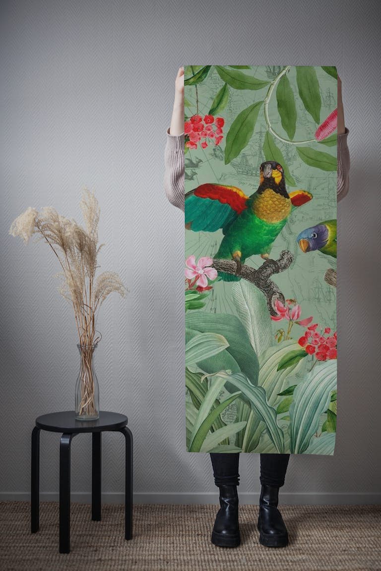 Colorful Parrots In Flower And Floral Tropical Jungle behang roll