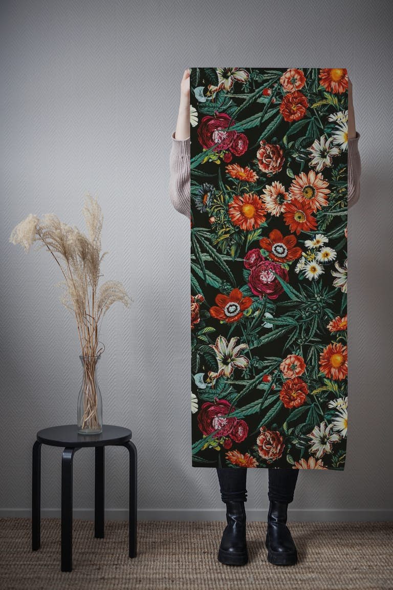 Marijuana and Floral Pattern wallpaper roll