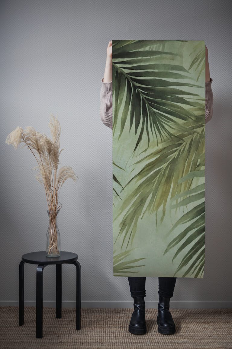 Tropical Island Palm Leaf Watercolor Moody tapeta roll