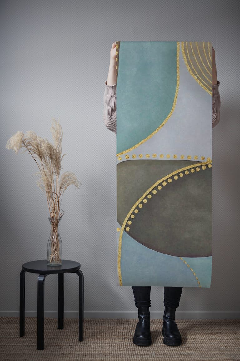 Shapes Mid Century Art Teal Grey Gold tapetit roll