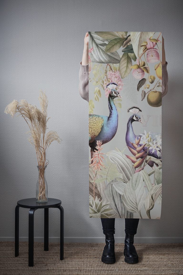 Vintage Exotic Asian Peacocks In Tropical Jungle Landscape behang roll