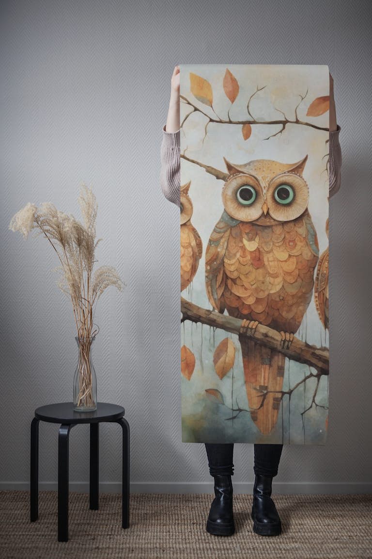 Whimsical Autumn Owls Cut Wildlife Illustration ταπετσαρία roll