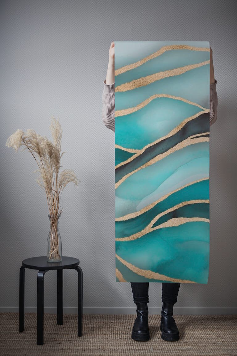 Magnificent Marble Landscape Teal Gold tapeta roll