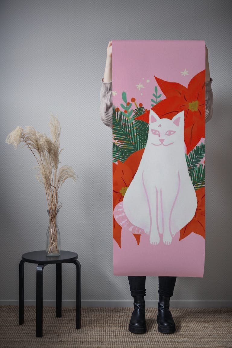 Pink Cat with Christmas foliage and flowers ταπετσαρία roll